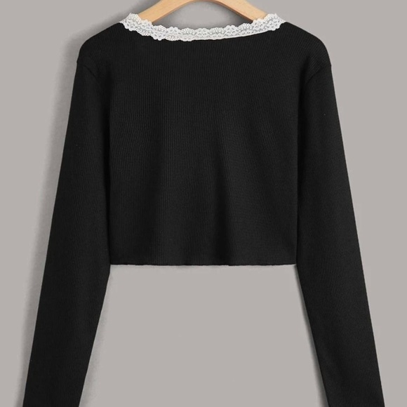 Lace trim Tie front ribbed crop top - Picture 2 of 6